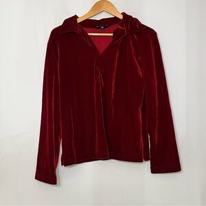 Sno Skins Velvet Long‎ Sleeve Top V-Neck Collared Red Velour Womens XL Blouse